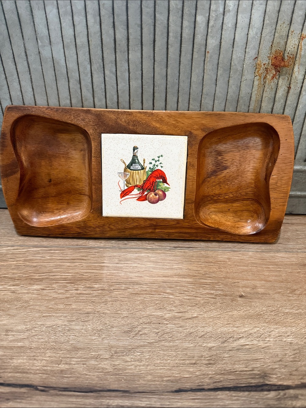 Vintage Monkey Pod Wooden Double Snack Bowl with Decorative Tile made in Philip